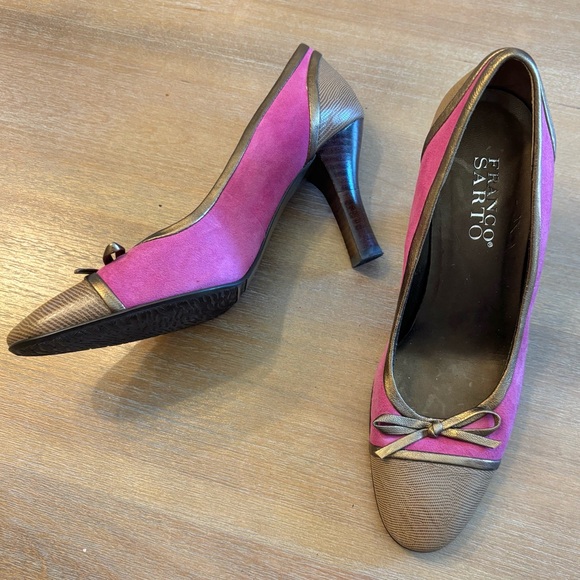Franco Sarto Pink Suede/Brown Leather Cap Toe Pumps with Bow, Size 6 - Picture 1 of 8